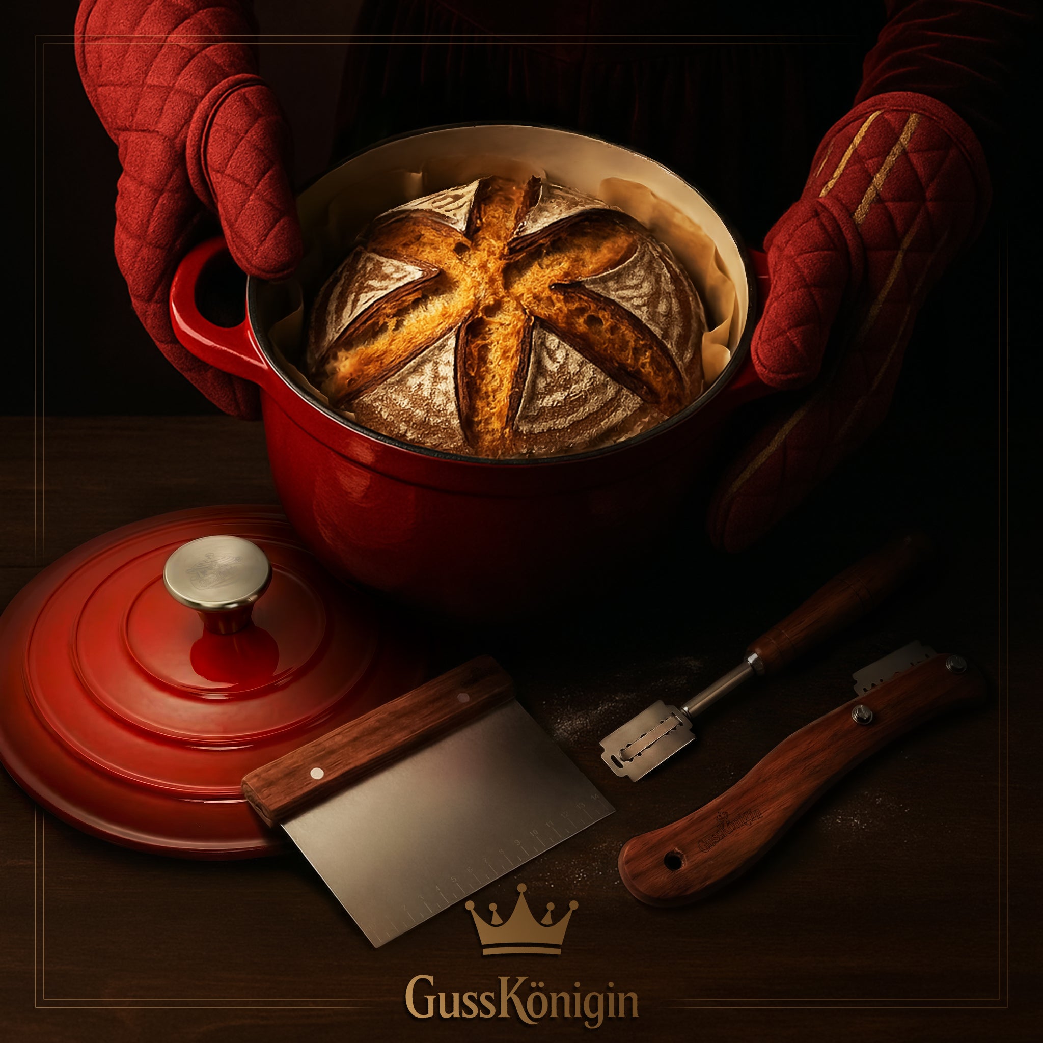 Runder Gusseisen Brottopf – zum Brotbacken inkl. Bäcker-Zubehör - Der Brottopf für knuspriges & fluffiges Brot