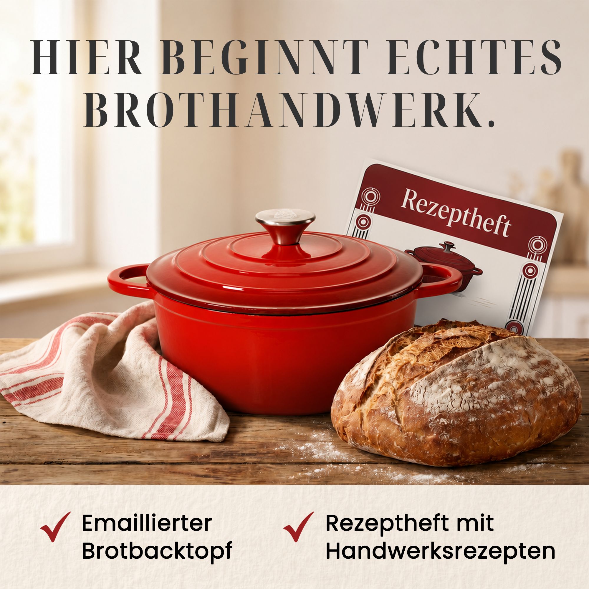 Runder Gusseisen Brottopf – zum Brotbacken inkl. Bäcker-Zubehör - Der Brottopf für knuspriges &amp; fluffiges Brot