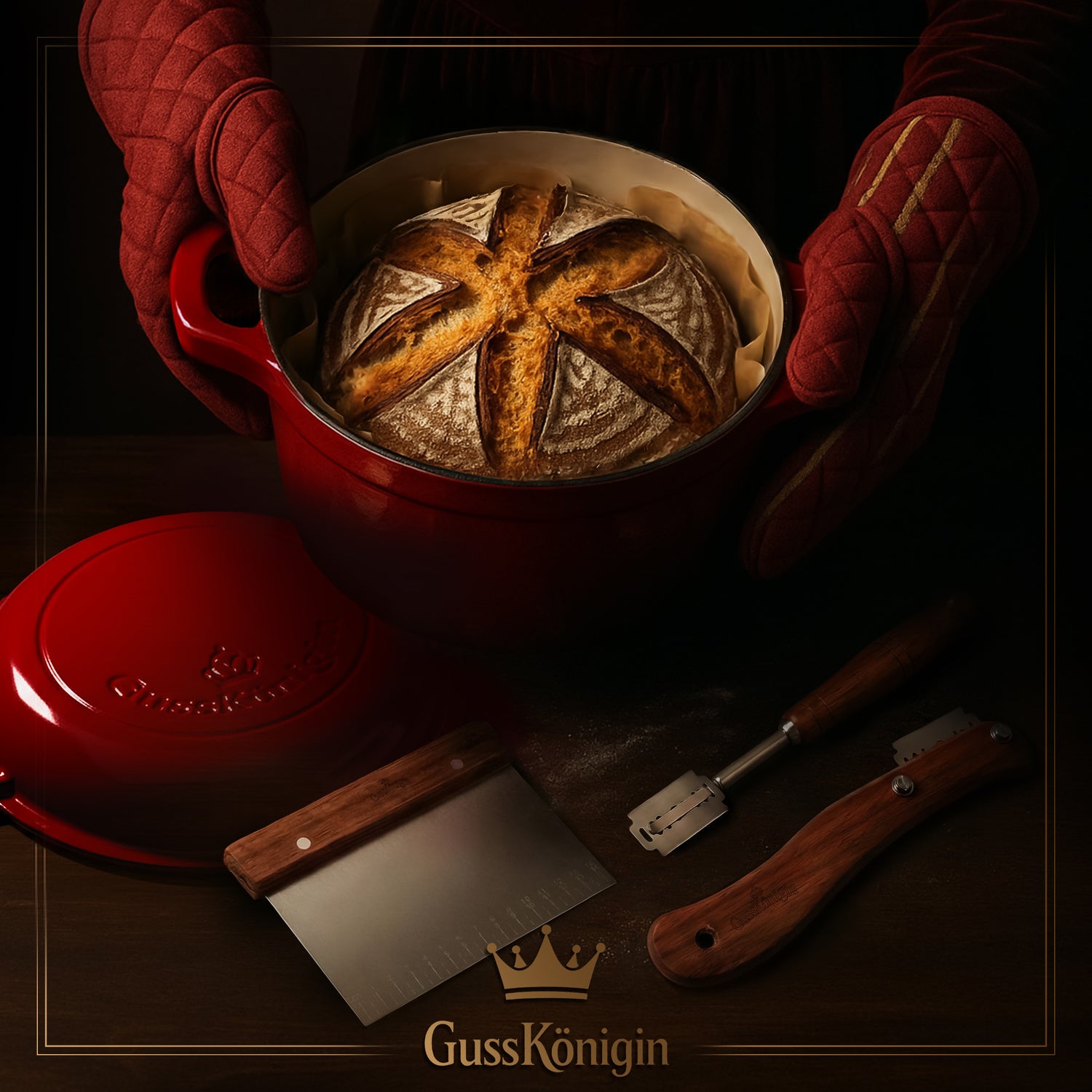 Runder Gusseisen Brottopf – zum Brotbacken inkl. Bäcker-Zubehör - Der Brottopf für knuspriges &amp; fluffiges Brot