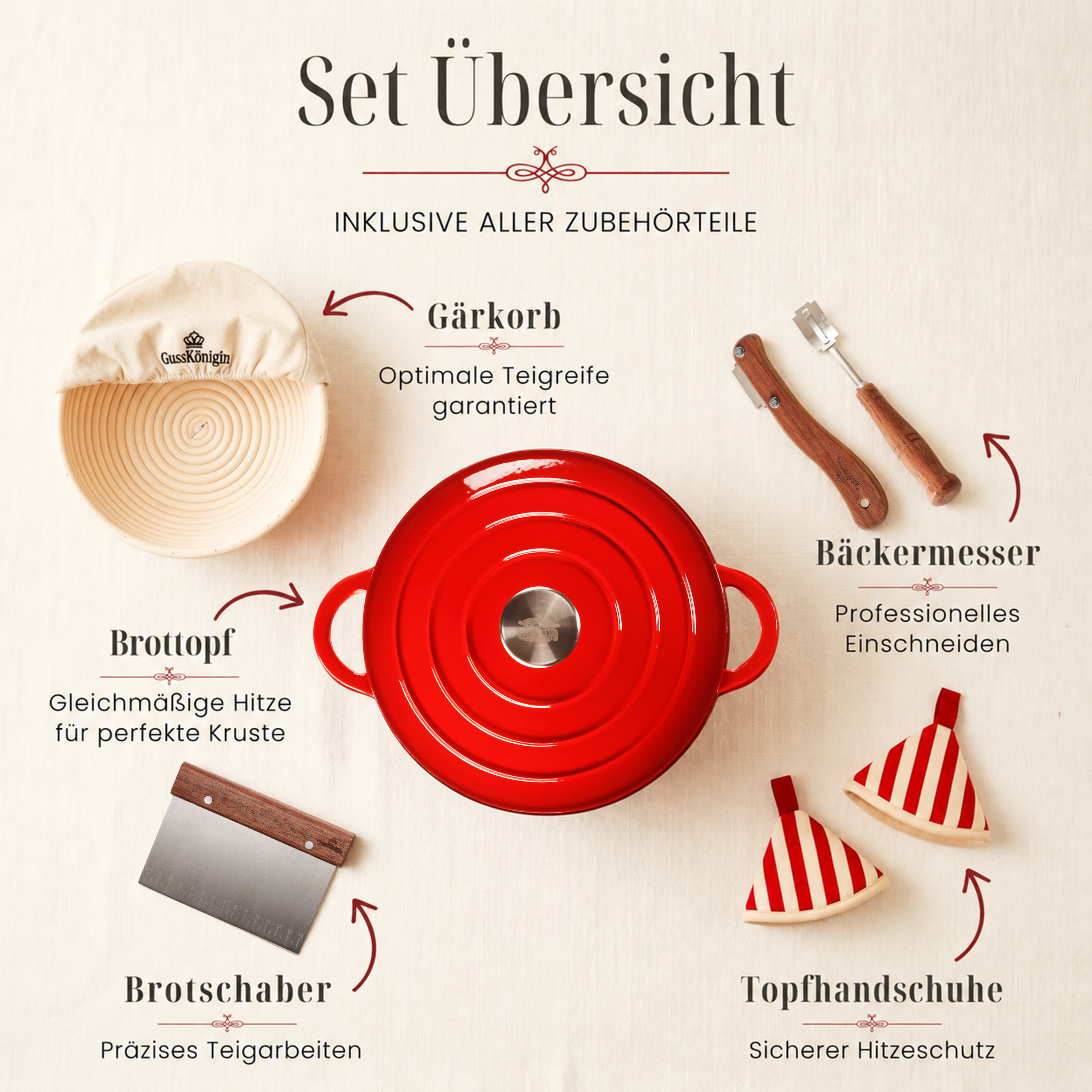 Runder Gusseisen Brottopf – zum Brotbacken inkl. Bäcker-Zubehör - Der Brottopf für knuspriges &amp; fluffiges Brot